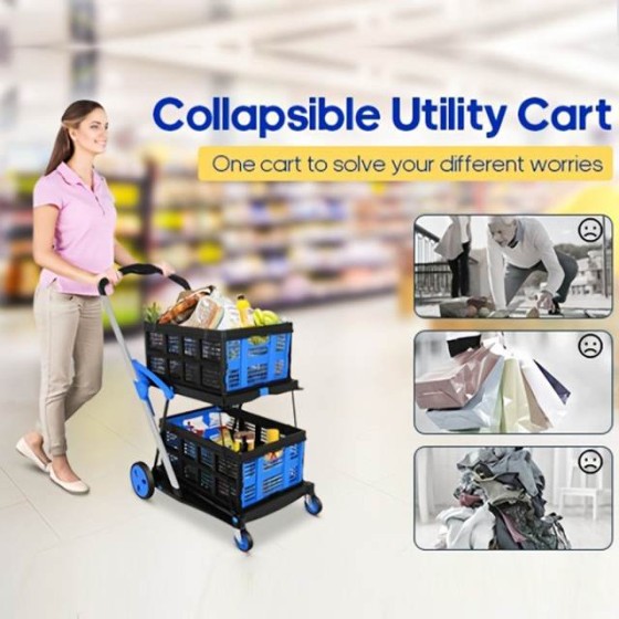 Two-layer portable multi-functional shopping cart with a basket that can be quickly folded and moved freely, suitable for ladies.
