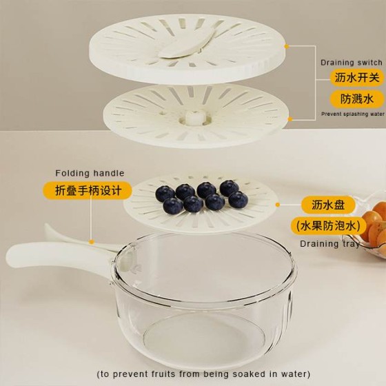 Kitchen handle type double-layer draining basket with lid, fruit washing basket, thickened refrigerator storage box